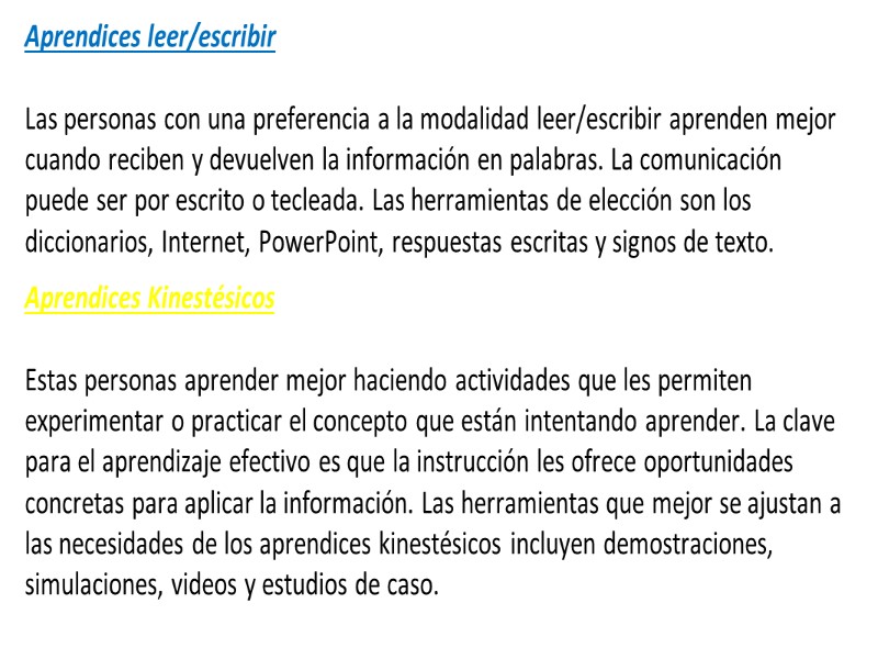 Aprendices leer/escribir  Las personas con una preferencia a la modalidad leer/escribir aprenden mejor